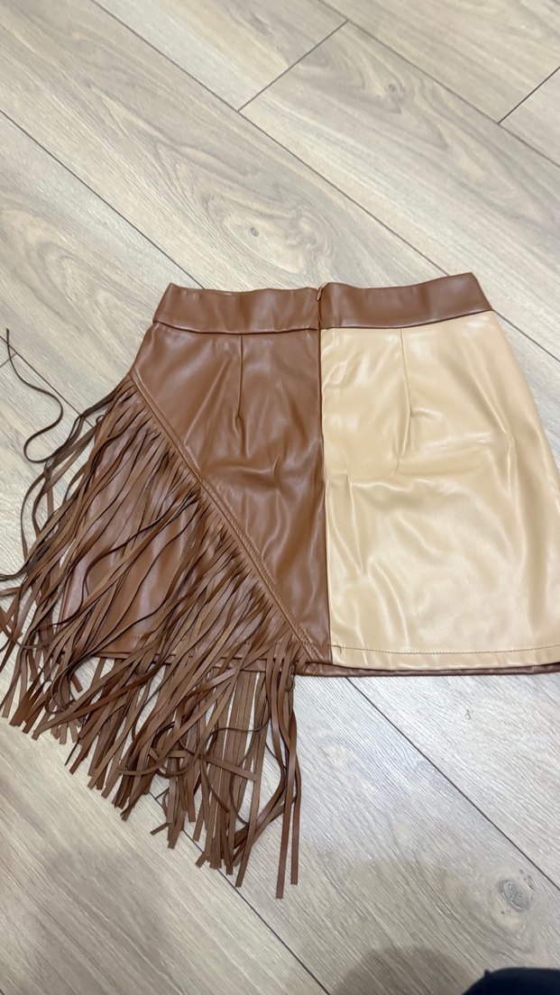 Püsküllü Kahverengi Deri Mini Etek - Görsel 2