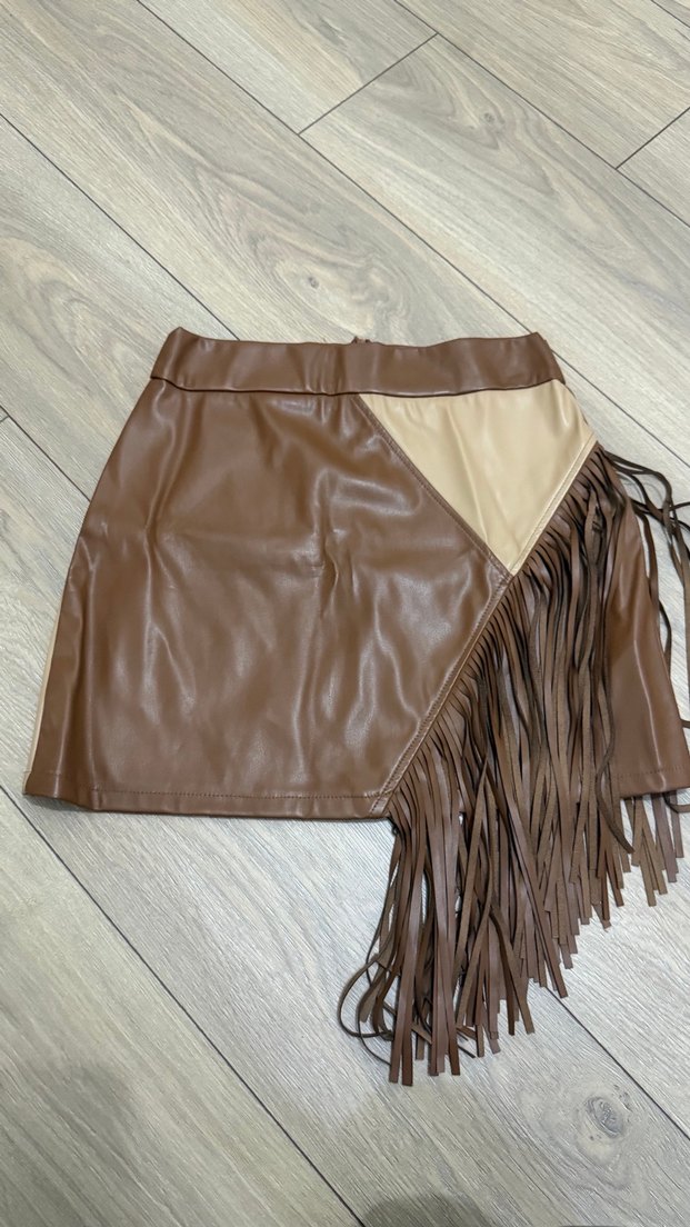 Püsküllü Kahverengi Deri Mini Etek - Görsel 3