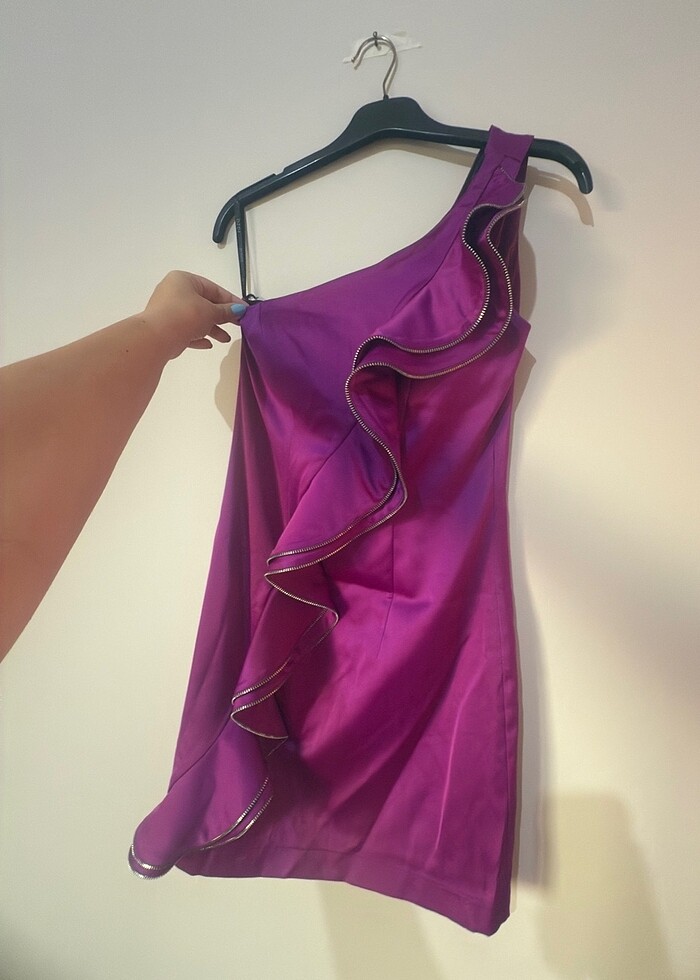 Fuşya tek kollu abiye - Görsel 2