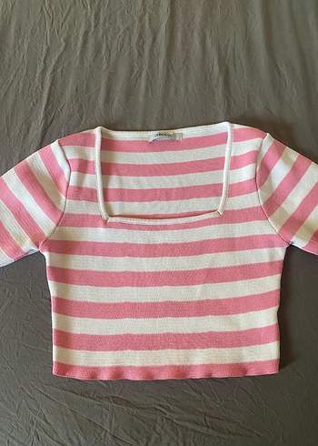 Pembe Beyaz Çizgili Kadın Crop Top