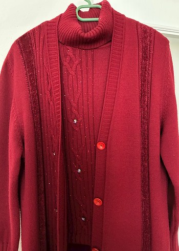 Bordo Düğmeli Uzun Örgü Kadın Hırka - Görsel 5