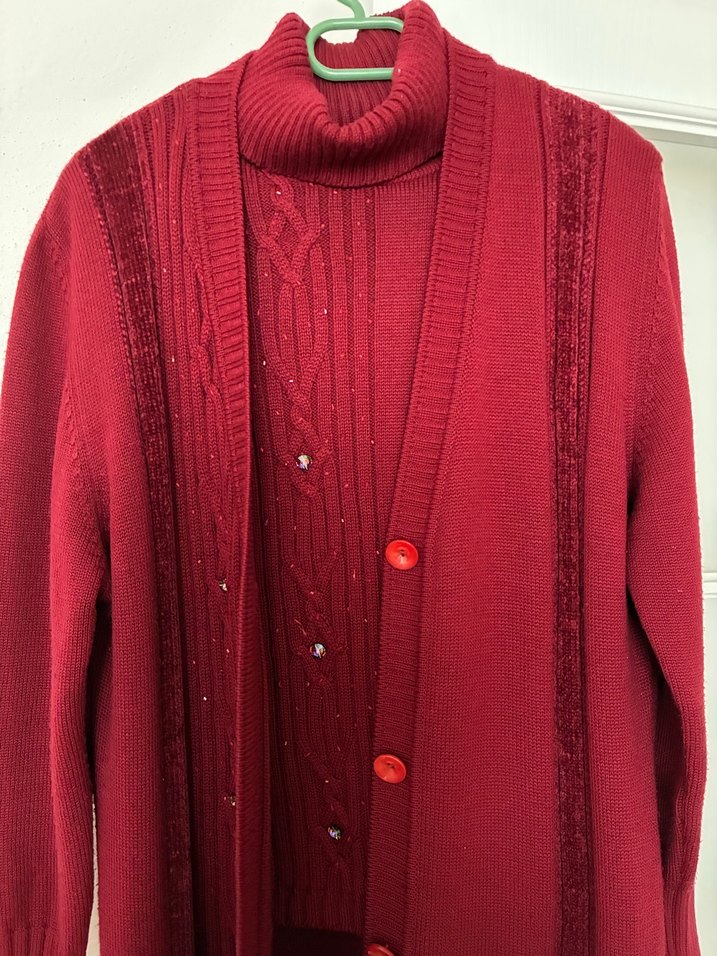 Bordo Düğmeli Uzun Örgü Kadın Hırka - Görsel 5