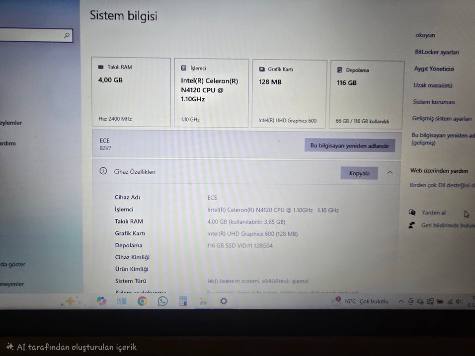 LENOVA IDEAPAD 1İ 15''.6 INC INTEL CELERON LAPTOP - Görsel 2