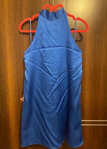 Zara Mavi Saten Drapeli Yüksek Yakalı Midi Elbise