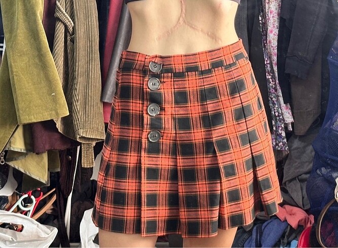Zara Turuncu Siyah Ekoseli Vintage Y2k Pileli Etek