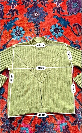 l Beden yeşil Renk Vintage Balıkçı Yaka Örgü Detaylı Kadın Kazak