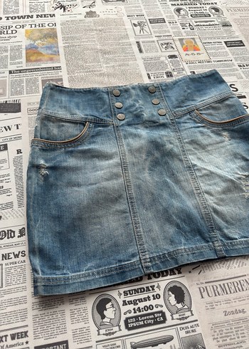 Zara Düğmeli Baskılı Mavi Kot Mini Etek