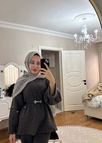 Gri Kadın Kemerli Uzun Kollu Takım - Görsel 2