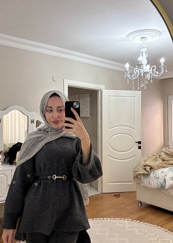 Gri Kadın Kemerli Uzun Kollu Takım - Görsel 3