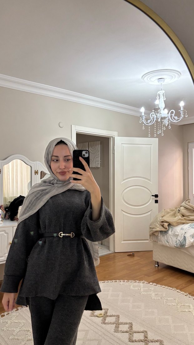 Gri Kadın Kemerli Uzun Kollu Takım - Görsel 3