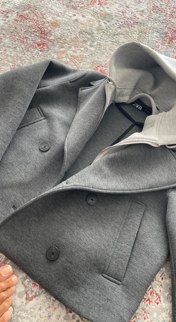 Gri Midi Zara Marka Kapüşonlu Ceket - Görsel 4