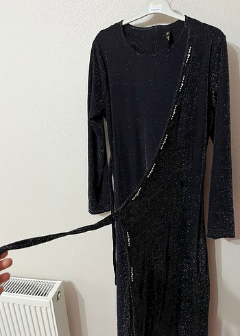 Siyah Parlak Uzun Kadın Simli Elbise - Görsel 6