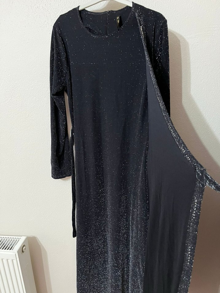 Siyah Parlak Uzun Kadın Simli Elbise - Görsel 5