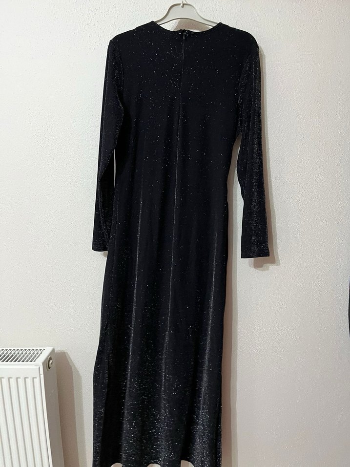 Siyah Parlak Uzun Kadın Simli Elbise - Görsel 4