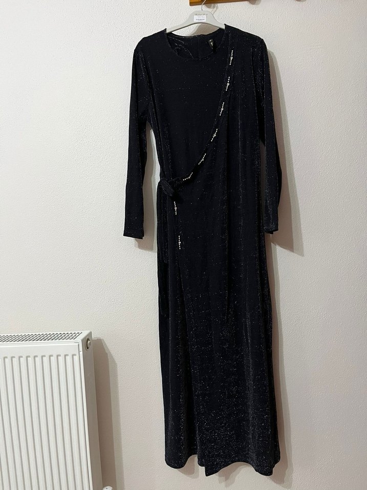 Siyah Parlak Uzun Kadın Simli Elbise - Görsel 2