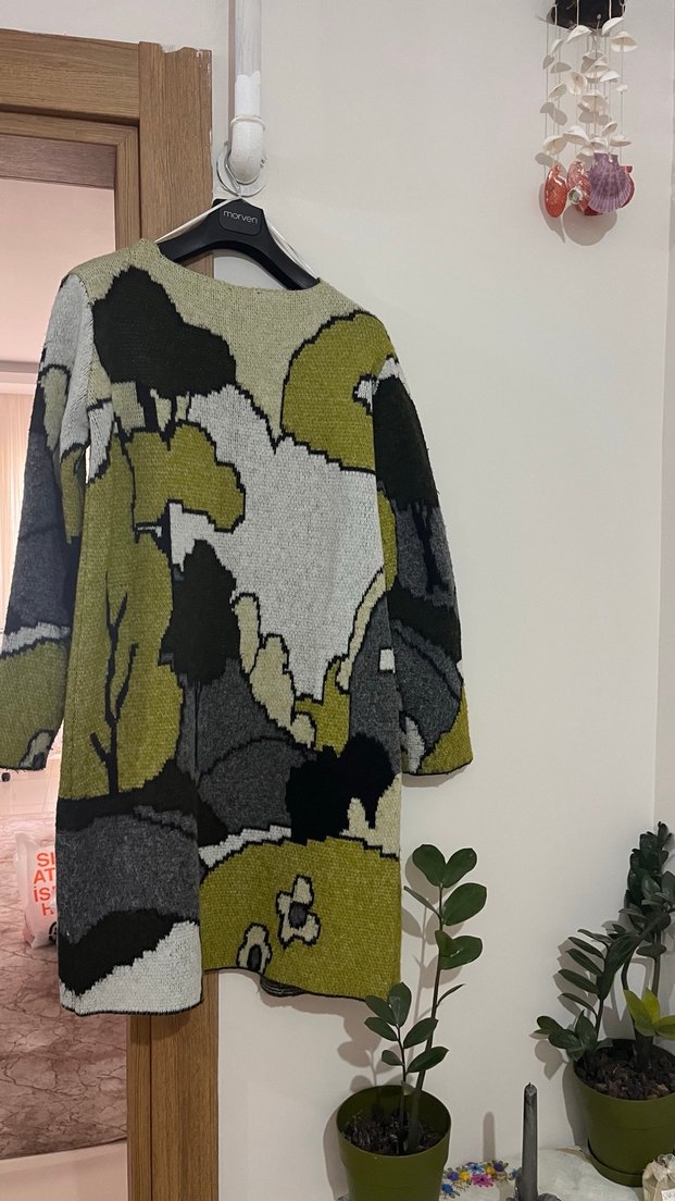 Kadın Gri Kamuflaj Desenli Uzun Triko Hırka - Görsel 5