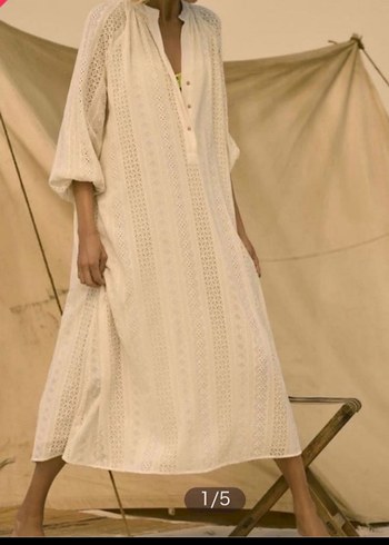 Dantel Detaylı Beyaz Uzun Keten Elbise - Görsel 2
