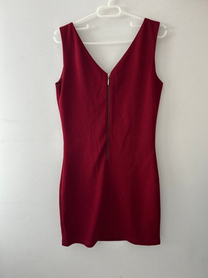 Bordo V Yakalı Midi Elbise - Görsel 2