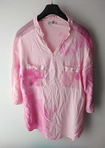 Pembe Batik Desenli Uzun Kollu Keten Gömlek