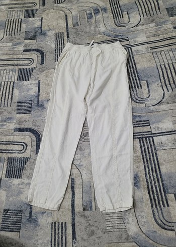 Beyaz Keten Rahat Kesim  pantolon - Görsel 4