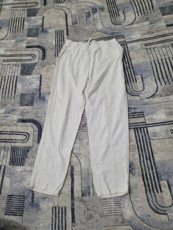 Beyaz Keten Rahat Kesim  pantolon - Görsel 4