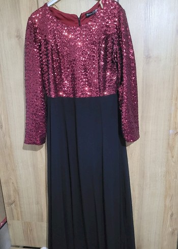 Bordo Siyah Uzun Kollu Abiye Elbise - Görsel 8