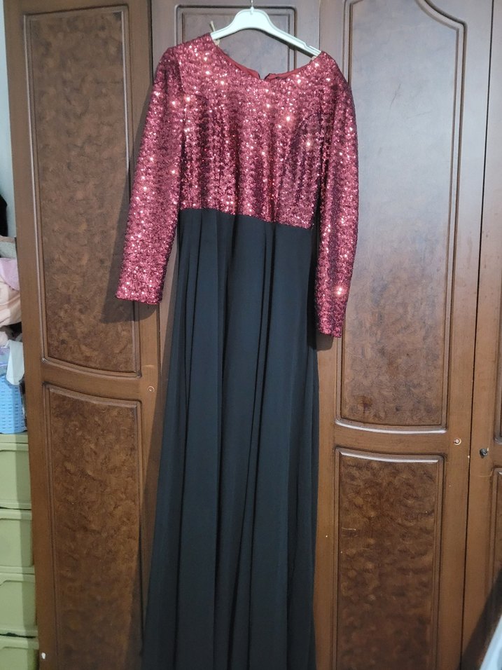 Bordo Siyah Uzun Kollu Abiye Elbise - Görsel 2