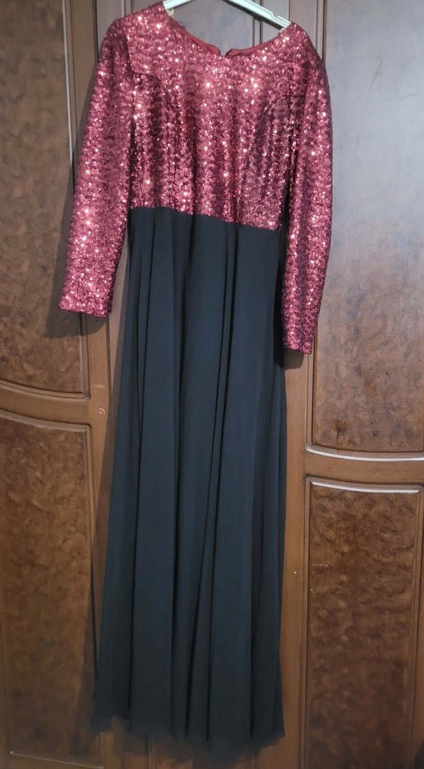 Bordo Siyah Uzun Kollu Abiye Elbise - Görsel 5