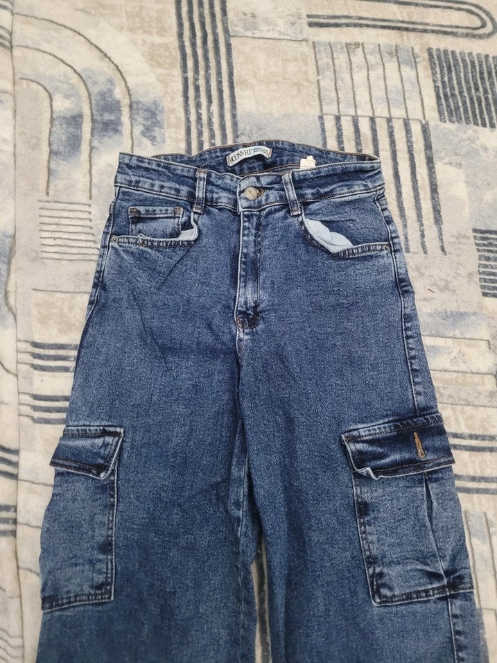 Gri Bağcıklı Bağcıklı Mavi Salaş Kot Pantolon - Görsel 4