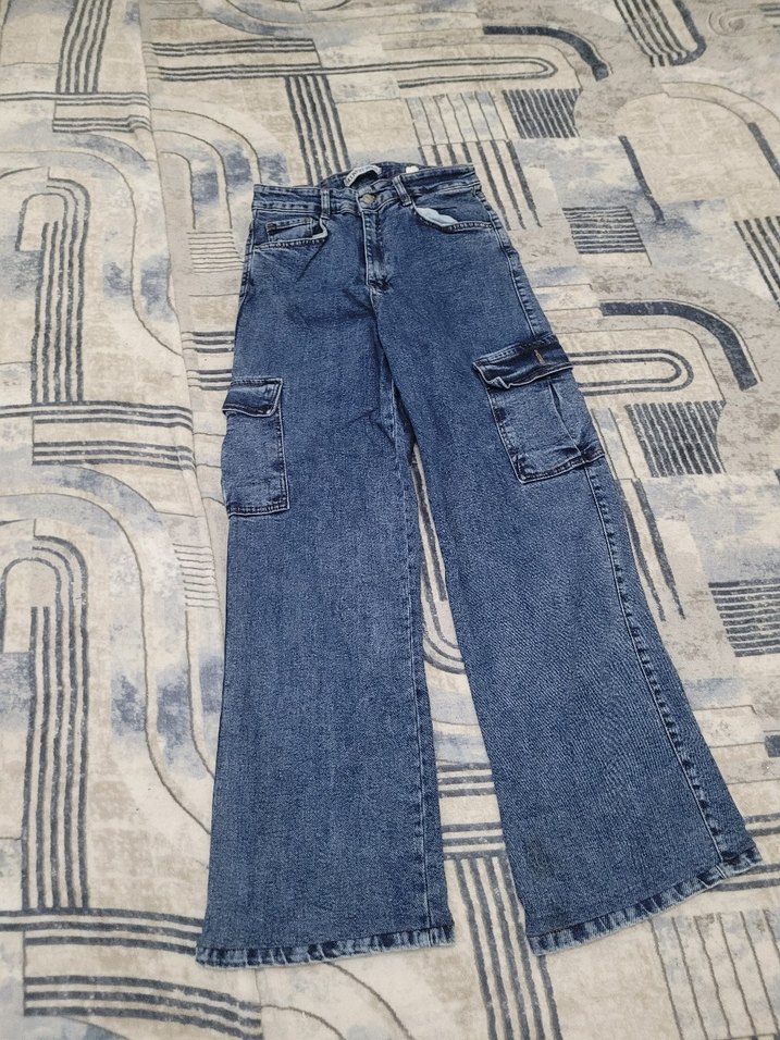 Gri Bağcıklı Bağcıklı Mavi Salaş Kot Pantolon - Görsel 2