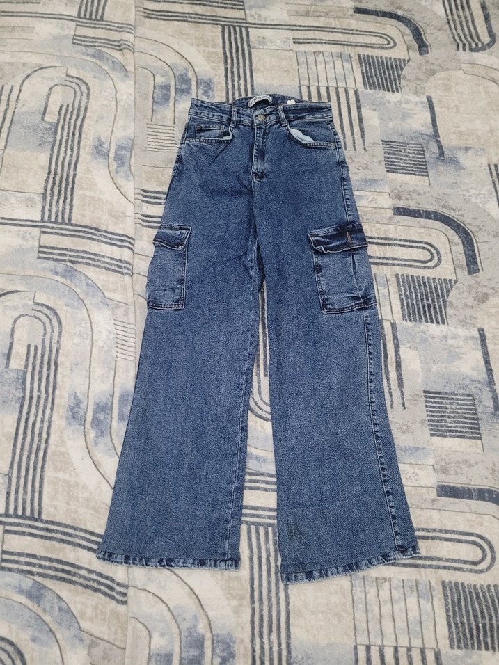 Gri Bağcıklı Bağcıklı Mavi Salaş Kot Pantolon - Görsel 3