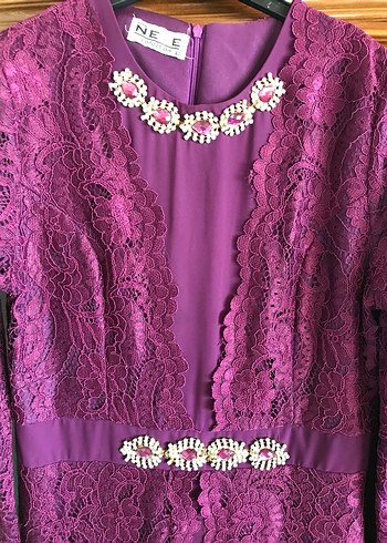 Mürdüm dantelli abiye elbise - Görsel 4