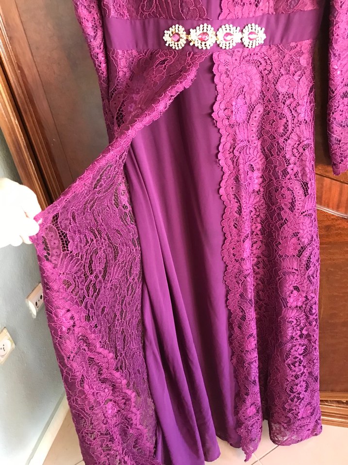 Mürdüm dantelli abiye elbise - Görsel 3