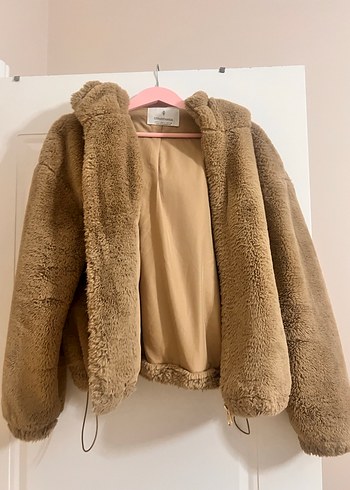 Bej Peluş kapşonlu Kadın Ceket - Görsel 2