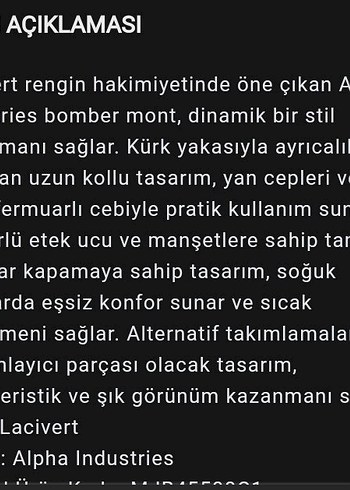 m Beden Alpha Lacivert Kürk Detaylı Bomber Ceket