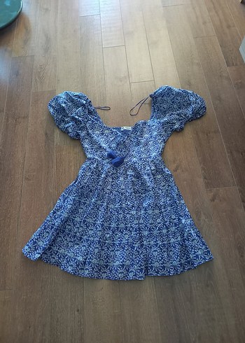 zara Mavi Bağlama Desenli Mini Elbise