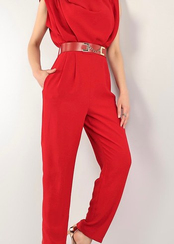 Kemerli Kırmızı Midi Tulum - Görsel 2