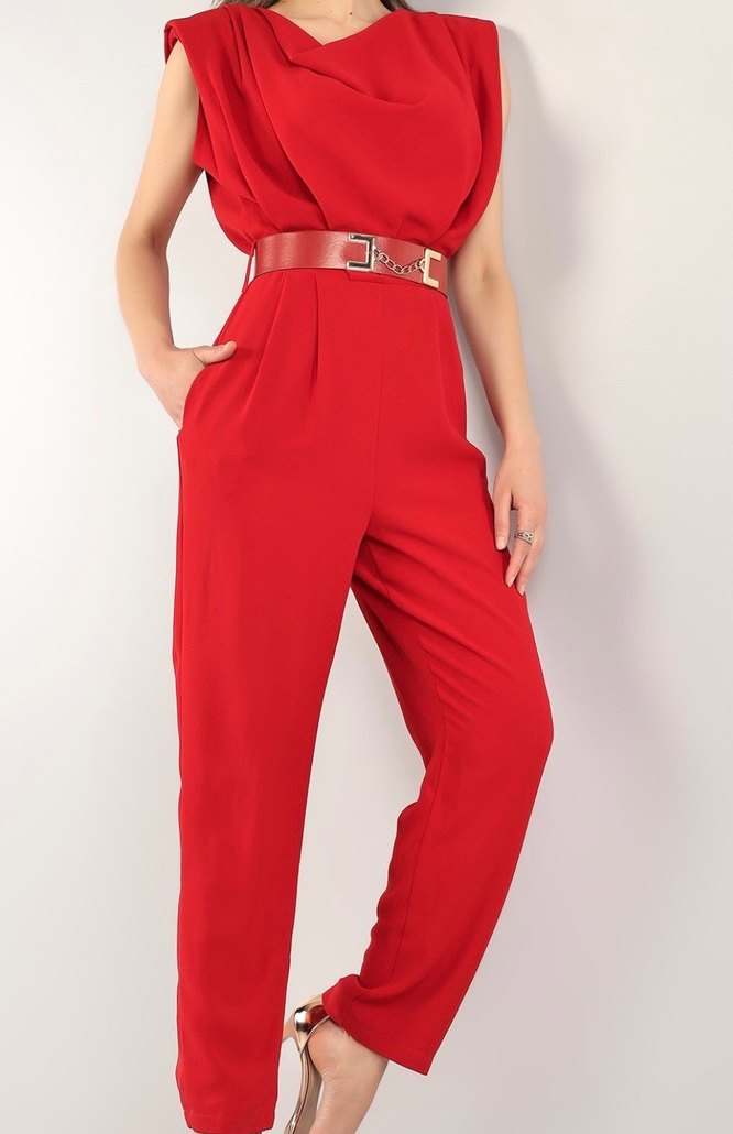 Kemerli Kırmızı Midi Tulum - Görsel 2