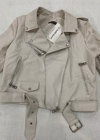 Bej Kemerli Yılan Desenli Deri Ceket - Görsel 5