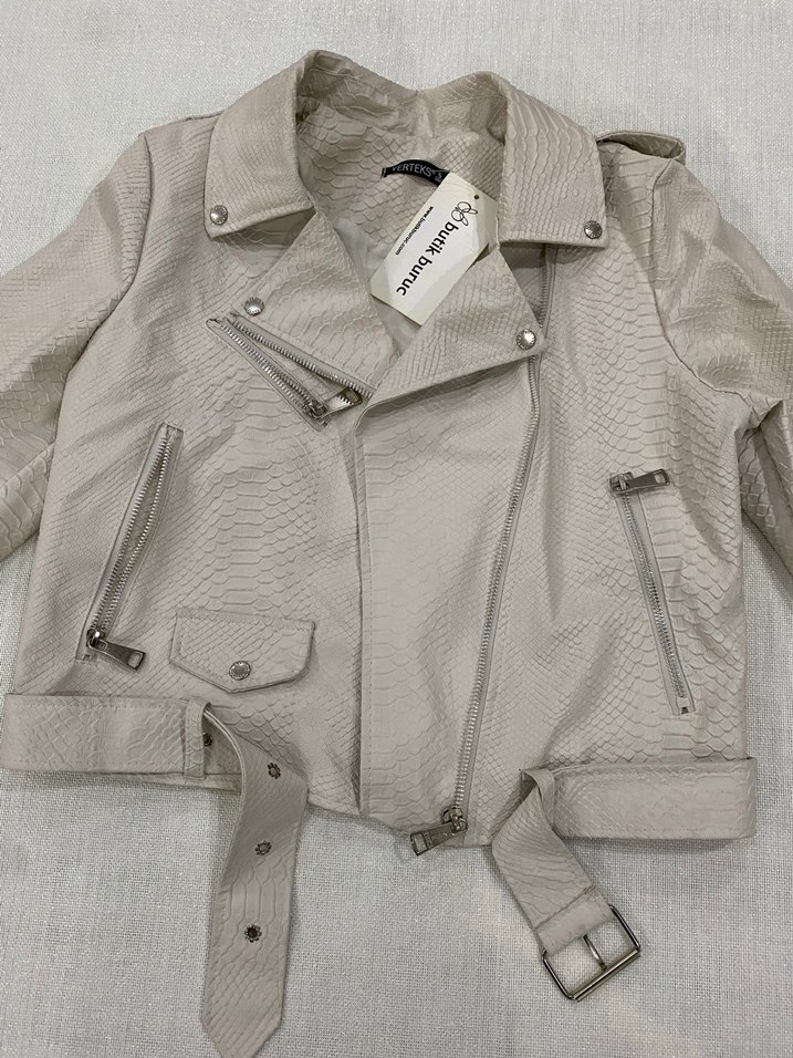 Bej Kemerli Yılan Desenli Deri Ceket - Görsel 5