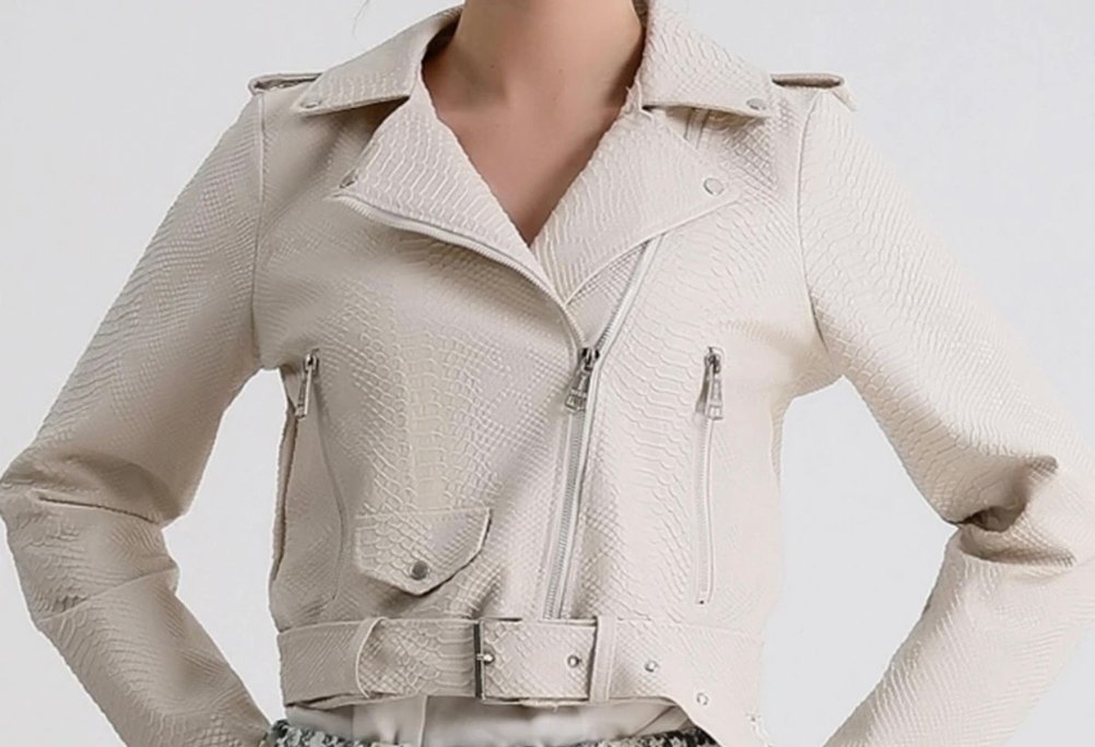 Bej Kemerli Yılan Desenli Deri Ceket - Görsel 2