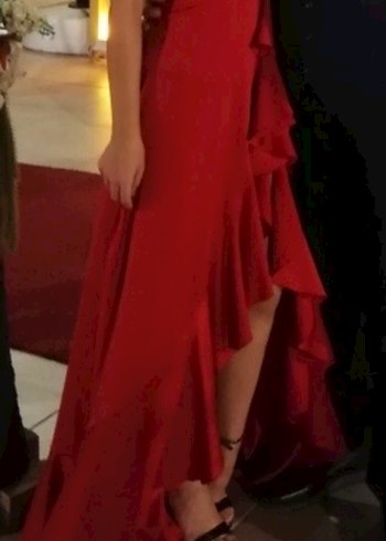 Uzun Kırmızı Drapeli Kadın Abiye - Görsel 3