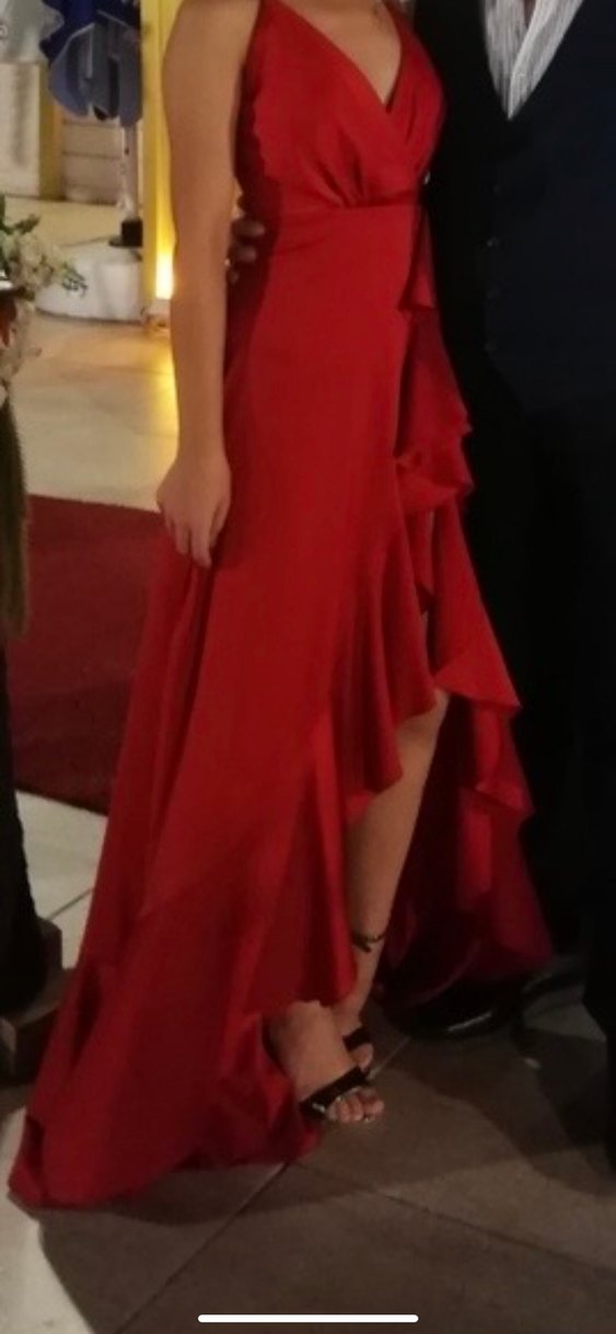 Uzun Kırmızı Drapeli Kadın Abiye - Görsel 3