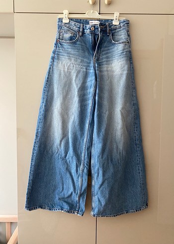 Zara Zara Kadın Mavi Bol Kesim Midi Denim Pantolon