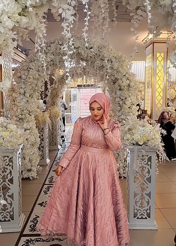 Pembe Uzun Kollu Bohem Uzun Abiye Elbise