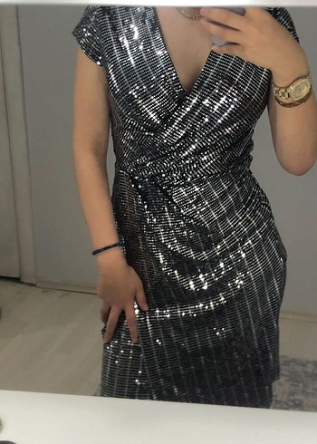 Abiye Parlak Gri Çizgili Midi Abiye Elbise