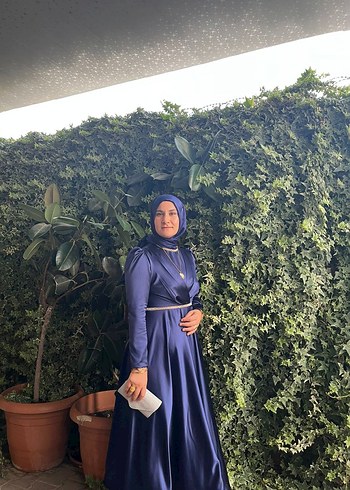 Uzun Lacivert Drapeli Tesettür Abiye Elbise - Görsel 2