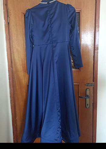 Uzun Lacivert Drapeli Tesettür Abiye Elbise - Görsel 4