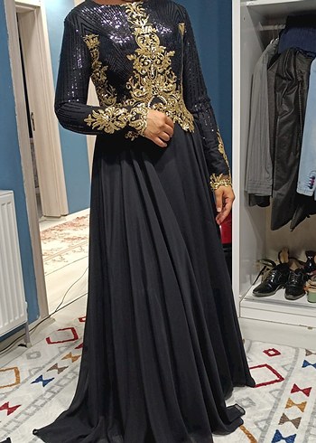 Siyah Uzun Abiye Elbise, Yüksek Yaka, Drapeli 38beden - Görsel 3