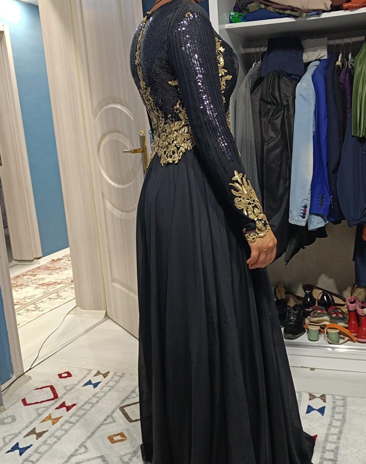 Siyah Uzun Abiye Elbise, Yüksek Yaka, Drapeli 38beden - Görsel 2